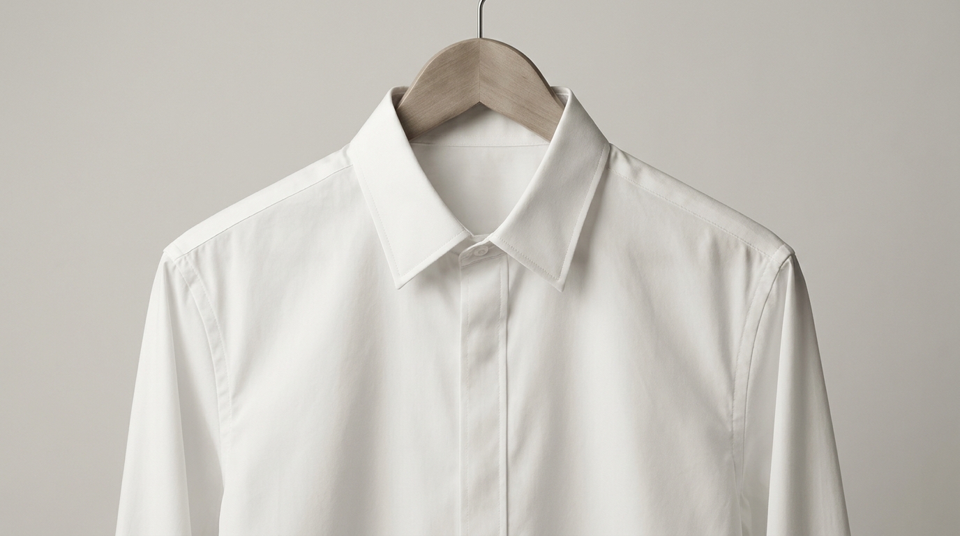 A crisp pressed white shirt on a wooden hanger in soft studio light.