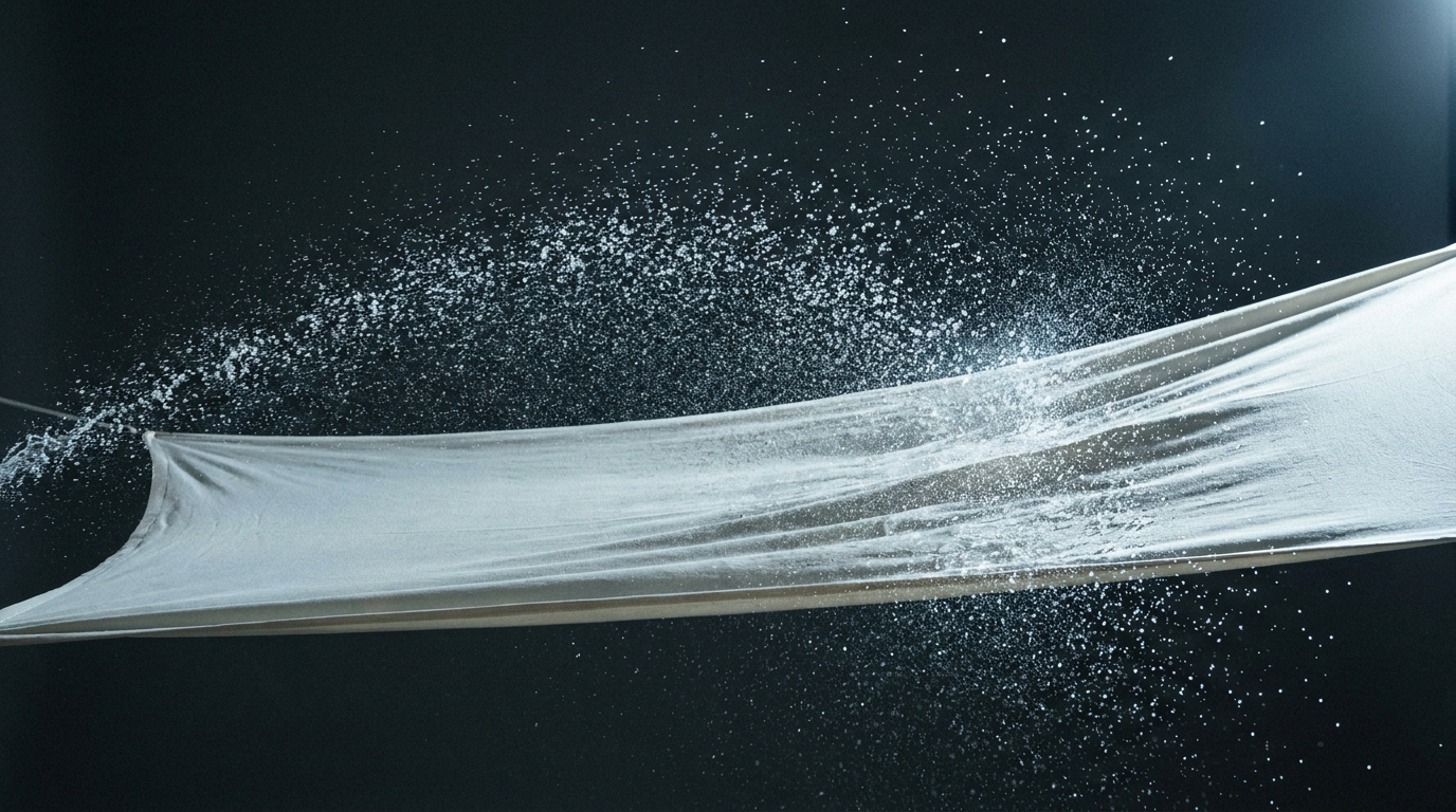 A fine mist of water spray hitting a stretched piece of pale fabric against a dark background.